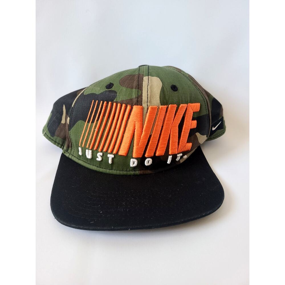 Nike Just Do It Camo Snapback Hat – Black & Green – Orange Embroidery